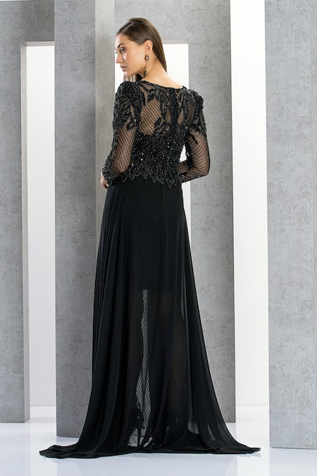Eli Bitton Sequin Embroidered V Neck Gown 