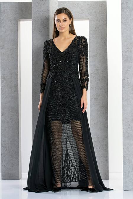Eli Bitton_Black Net, Chiffon Sequins V-neck Embroidered V Gown _Online_at_Aza_Fashions