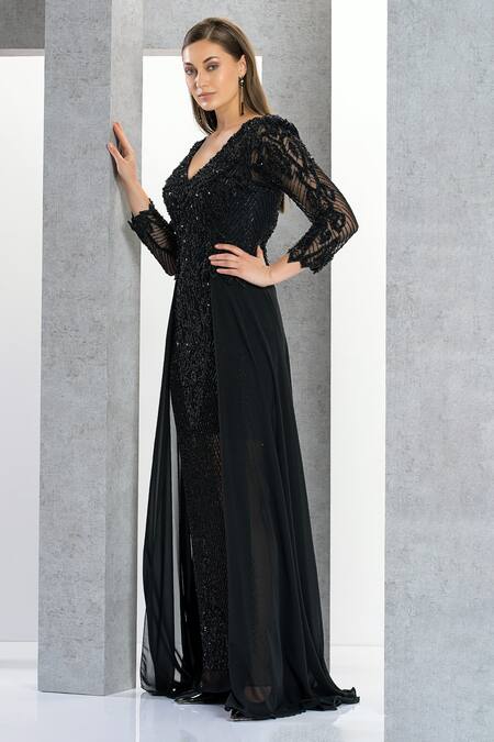 Shop_Eli Bitton_Black Net, Chiffon Sequins V-neck Embroidered V Gown _Online_at_Aza_Fashions