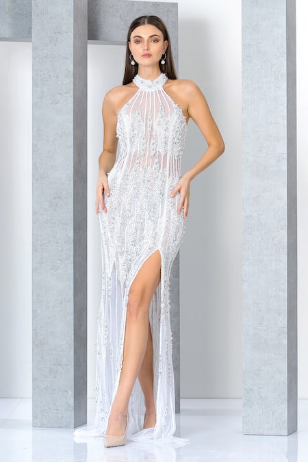 Eli Bitton_White Net Crystals, Pearls Halter Neck Embroidered Gown _Online_at_Aza_Fashions