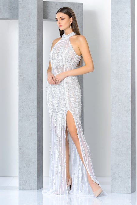 Shop_Eli Bitton_White Net Crystals, Pearls Halter Neck Embroidered Gown _Online_at_Aza_Fashions