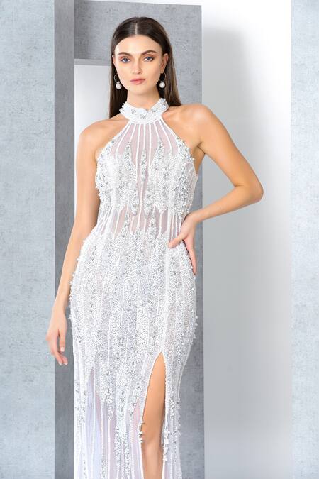 Eli Bitton_White Net Crystals, Pearls Halter Neck Embroidered Gown _at_Aza_Fashions