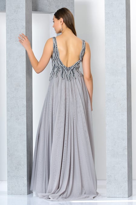 Shop_Eli Bitton_Silver Net, Polyester Sequins V-neck Embellished Gown _Online_at_Aza_Fashions