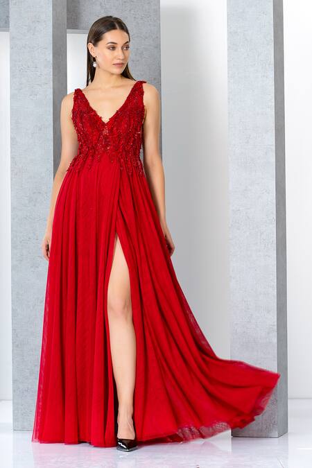 Eli Bitton_Red Net, Polyester Sequins V-neck Sleeveless Embroidered Gown _Online_at_Aza_Fashions