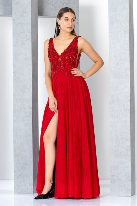 Buy_Eli Bitton_Red Net, Polyester Sequins V-neck Sleeveless Embroidered Gown _Online_at_Aza_Fashions