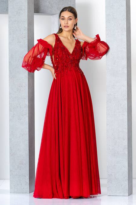 Shop_Eli Bitton_Red Net, Polyester Sequins V-neck Sleeveless Embroidered Gown _Online_at_Aza_Fashions