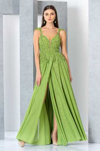 Eli Bitton_Green Net, Polyester Sequins Sweetheart Neck Bodice Embroidered Gown _Online_at_Aza_Fashions