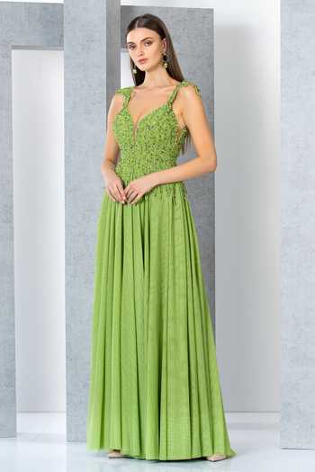 Buy_Eli Bitton_Green Net, Polyester Sequins Sweetheart Neck Bodice Embroidered Gown _Online_at_Aza_Fashions