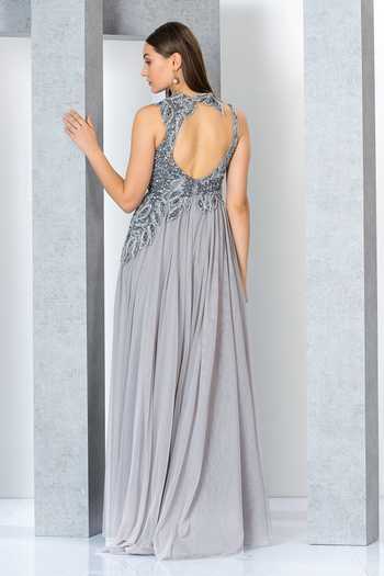 Eli Bitton Silver Net, Polyester Sequins Round Neck Neckline Embroidered Gown  2