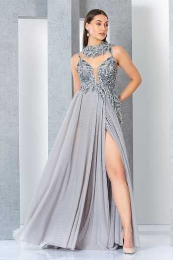 Eli Bitton Silver Net, Polyester Sequins Round Neck Neckline Embroidered Gown  3