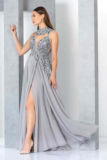 Eli Bitton Silver Net, Polyester Sequins Round Neck Neckline Embroidered Gown  4