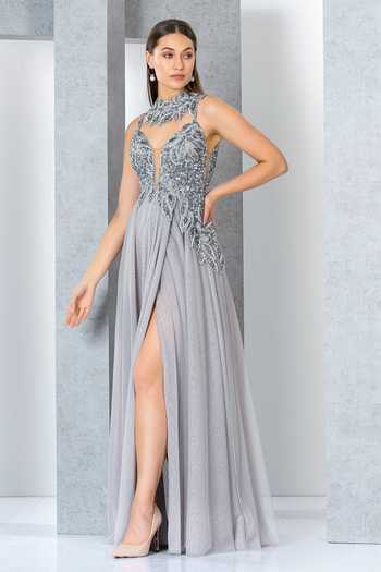 Eli Bitton Silver Net, Polyester Sequins Round Neck Neckline Embroidered Gown  5