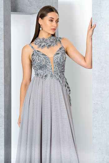 Eli Bitton Silver Net, Polyester Sequins Round Neck Neckline Embroidered Gown  6