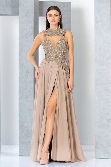 Eli Bitton Sequin Neckline Embroidered Gown 