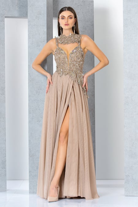 Eli Bitton Beige Net, Polyester Sequins, Embroidery Round Neck Neckline Gown Online at Aza Fashions Eli Bitton_Beige Net, Polyester Sequins, Embroidery Round Neck Neckline Gown _Online_at_Aza_Fashions