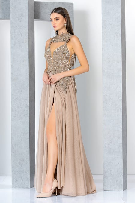 Buy Eli Bitton Beige Net, Polyester Sequins, Embroidery Round Neck Neckline Gown Online at Aza Fashions Buy_Eli Bitton_Beige Net, Polyester Sequins, Embroidery Round Neck Neckline Gown _Online_at_Aza_Fashions