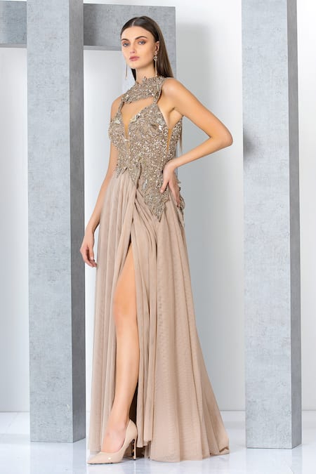 Shop Eli Bitton Beige Net, Polyester Sequins, Embroidery Round Neck Neckline Gown Online at Aza Fashions Shop_Eli Bitton_Beige Net, Polyester Sequins, Embroidery Round Neck Neckline Gown _Online_at_Aza_Fashions