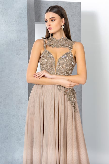Eli Bitton Beige Net, Polyester Sequins, Embroidery Round Neck Neckline Gown at Aza Fashions Eli Bitton_Beige Net, Polyester Sequins, Embroidery Round Neck Neckline Gown _at_Aza_Fashions