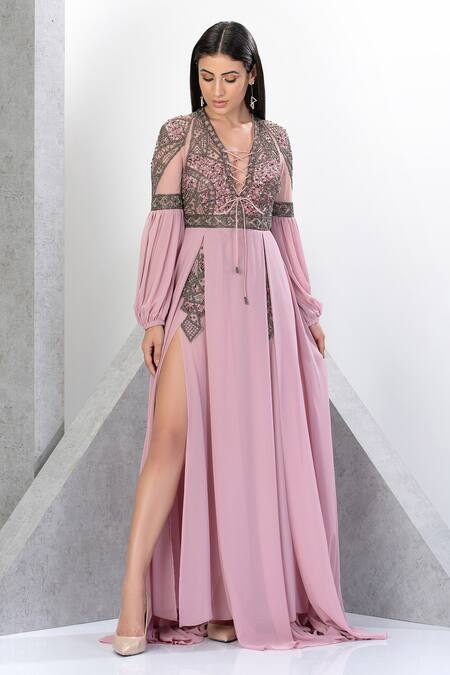 Shop_Eli Bitton_Pink Net, Chiffon Beads, Sequins Plunge Neck Sleeve Embroidered Gown_Online_at_Aza_Fashions