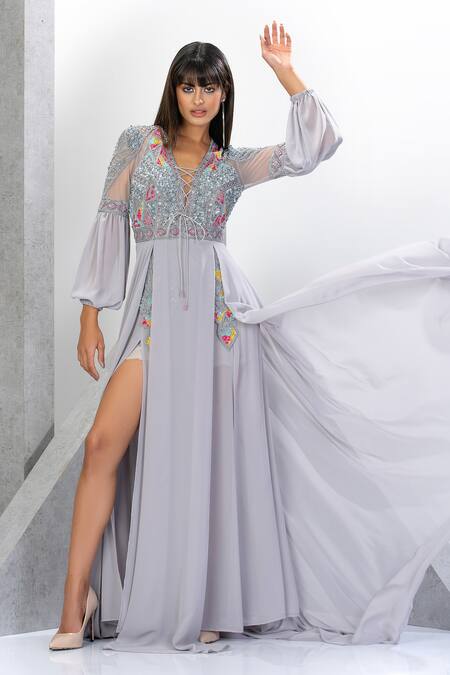 Buy_Eli Bitton_Silver Net, Chiffon Sequins, Beads Plunge Neck Yoke Embroidered Gown _Online_at_Aza_Fashions