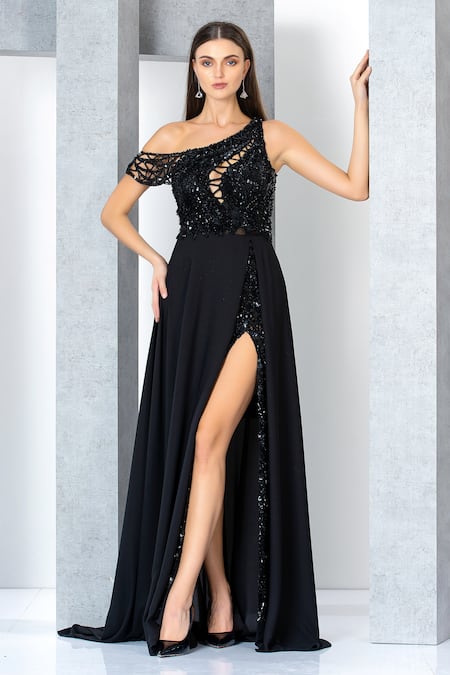 Eli Bitton Sequin Embroidered One Shoulder Gown 