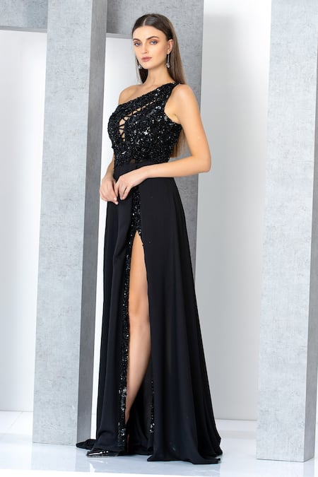 Shop_Eli Bitton_Black Chiffon, Polyester Sequins, Beads Asymmetric Embroidered One Shoulder Gown _Online_at_Aza_Fashions