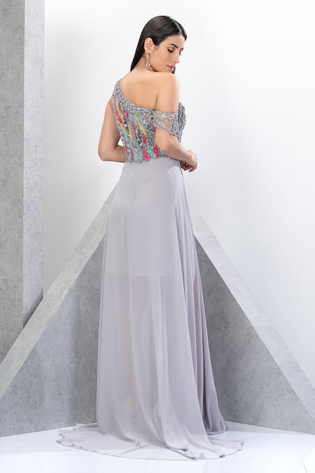 Shop Eli Bitton Silver Chiffon, Polyester Sequins, Beads Embroidered One Shoulder Gown at Aza Fashions Shop_Eli Bitton_Silver Chiffon, Polyester Sequins, Beads Embroidered One Shoulder Gown _at_Aza_Fashions