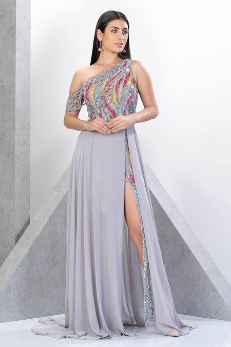 Buy Eli Bitton Silver Chiffon, Polyester Sequins, Beads Embroidered One Shoulder Gown Online at Aza Fashions Buy_Eli Bitton_Silver Chiffon, Polyester Sequins, Beads Embroidered One Shoulder Gown _Online_at_Aza_Fashions