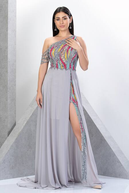 Shop Eli Bitton Silver Chiffon, Polyester Sequins, Beads Embroidered One Shoulder Gown Online at Aza Fashions Shop_Eli Bitton_Silver Chiffon, Polyester Sequins, Beads Embroidered One Shoulder Gown _Online_at_Aza_Fashions