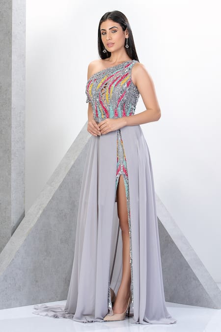 Eli Bitton Silver Chiffon, Polyester Sequins, Beads Embroidered One Shoulder Gown at Aza Fashions Eli Bitton_Silver Chiffon, Polyester Sequins, Beads Embroidered One Shoulder Gown _at_Aza_Fashions