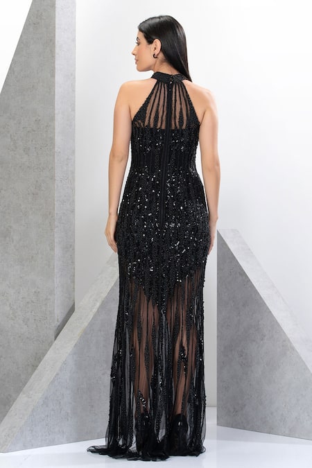 Eli Bitton Pearl Embroidered Halter Neck Gown 