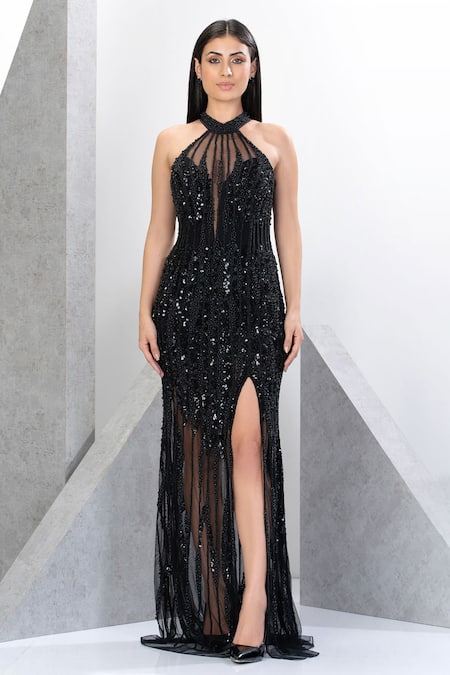 Eli Bitton Black Net Crystals, Pearls Halter Neck Embroidered Gown Online at Aza Fashions Eli Bitton_Black Net Crystals, Pearls Halter Neck Embroidered Gown _Online_at_Aza_Fashions