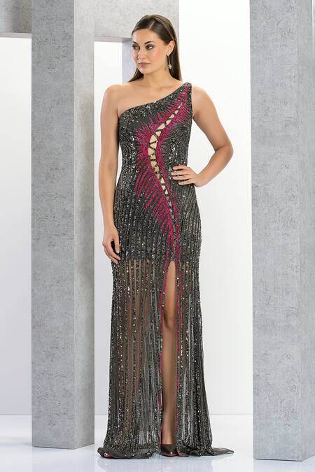 Eli Bitton_Grey Net, Polyester Sequins, Beads Asymmetric Hellena Crystal Embroidered Gown _Online_at_Aza_Fashions