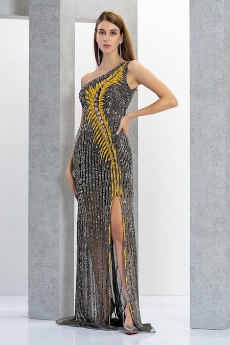 Eli Bitton_Grey Net, Polyester Beads, Sequins Asymmetric Hellena Embroidered Gown _Online_at_Aza_Fashions