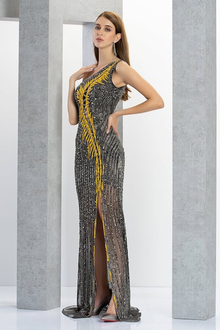 Buy_Eli Bitton_Grey Net, Polyester Beads, Sequins Asymmetric Hellena Embroidered Gown _Online_at_Aza_Fashions