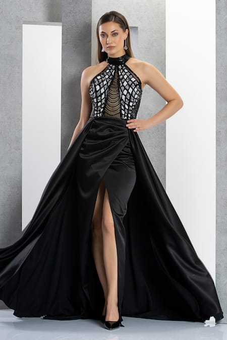 Eli Bitton_Black Net, Polyester Sequins, Andrea Checkered Pattern Gown With Skirt _Online_at_Aza_Fashions