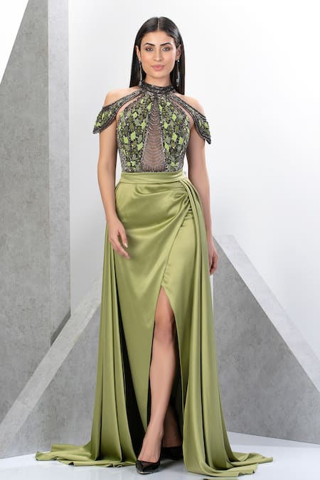 Eli Bitton_Green Net, Polyester Sequins, Embroidery Andrea Cold Shoulder Gown With Skirt _Online_at_Aza_Fashions