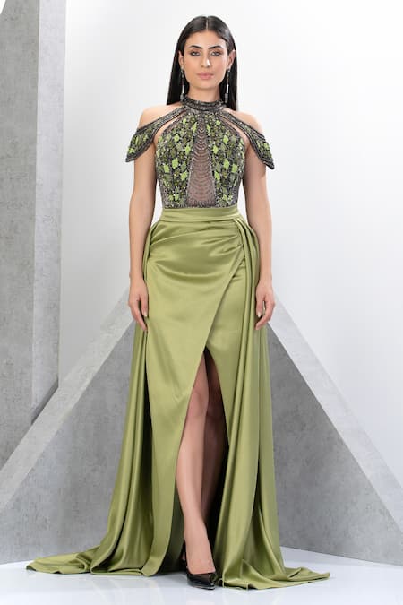 Buy_Eli Bitton_Green Net, Polyester Sequins, Embroidery Andrea Cold Shoulder Gown With Skirt _Online_at_Aza_Fashions