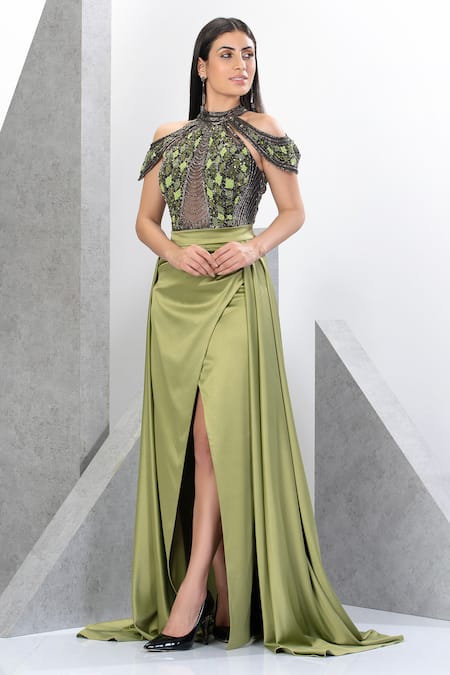 Shop_Eli Bitton_Green Net, Polyester Sequins, Embroidery Andrea Cold Shoulder Gown With Skirt _Online_at_Aza_Fashions