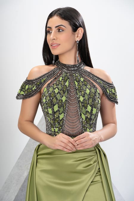 Eli Bitton_Green Net, Polyester Sequins, Embroidery Andrea Cold Shoulder Gown With Skirt _at_Aza_Fashions