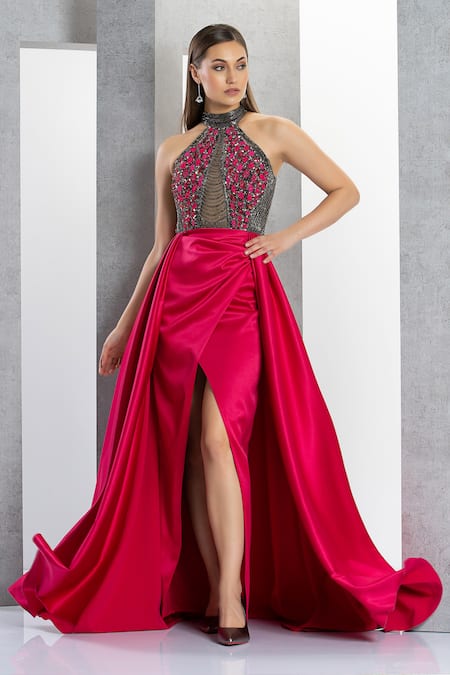 Eli Bitton Fuchsia Net, Polyester Sequins, Embroidery Halter Andrea Bodice Gown With Skirt Online at Aza Fashions Eli Bitton_Fuchsia Net, Polyester Sequins, Embroidery Halter Andrea Bodice Gown With Skirt _Online_at_Aza_Fashions