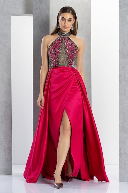 Buy Eli Bitton Fuchsia Net, Polyester Sequins, Embroidery Halter Andrea Bodice Gown With Skirt Online at Aza Fashions Buy_Eli Bitton_Fuchsia Net, Polyester Sequins, Embroidery Halter Andrea Bodice Gown With Skirt _Online_at_Aza_Fashions