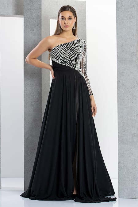 Eli Bitton Black Net, Chiffon, Polyester Crystals Asymmetric One Shoulder Embroidered Gown Online at Aza Fashions Eli Bitton_Black Net, Chiffon, Polyester Crystals Asymmetric One Shoulder Embroidered Gown _Online_at_Aza_Fashions