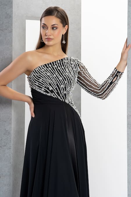 Buy Eli Bitton Black Net, Chiffon, Polyester Crystals Asymmetric One Shoulder Embroidered Gown Buy_Eli Bitton_Black Net, Chiffon, Polyester Crystals Asymmetric One Shoulder Embroidered Gown