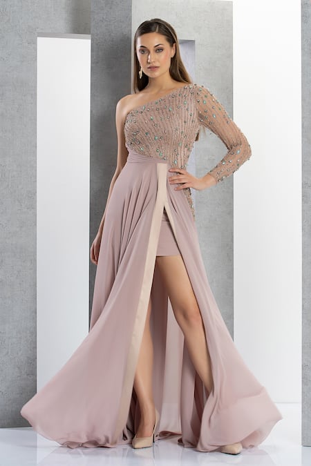 Buy_Eli Bitton_Peach Net, Chiffon, Linen Crystals One Shoulder Thread Embroidered Gown _Online_at_Aza_Fashions