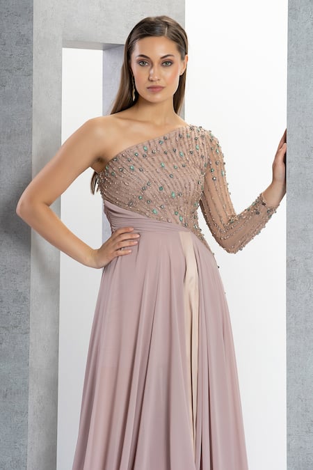 Eli Bitton_Peach Net, Chiffon, Linen Crystals One Shoulder Thread Embroidered Gown _at_Aza_Fashions