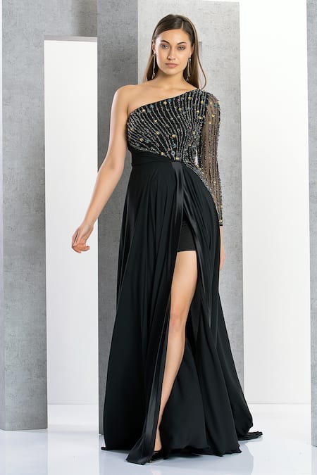 Eli Bitton Black Net Embroidery Crystal Asymmetric One Shoulder Stripe Pattern Gown 