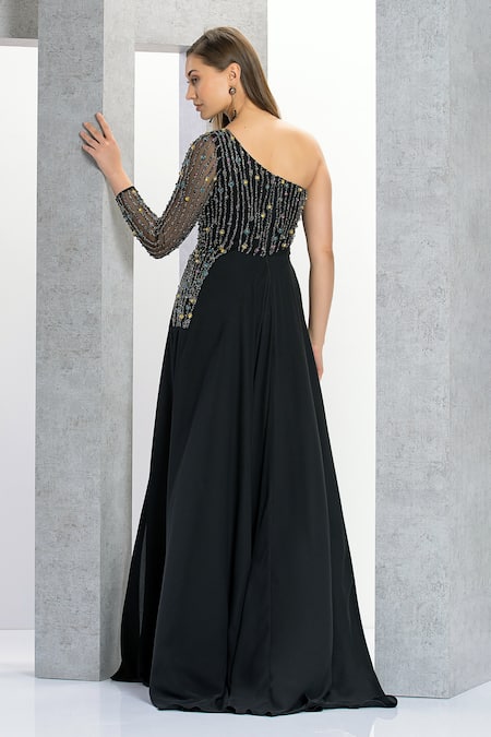 Eli Bitton One Shoulder Stripe Pattern Gown 