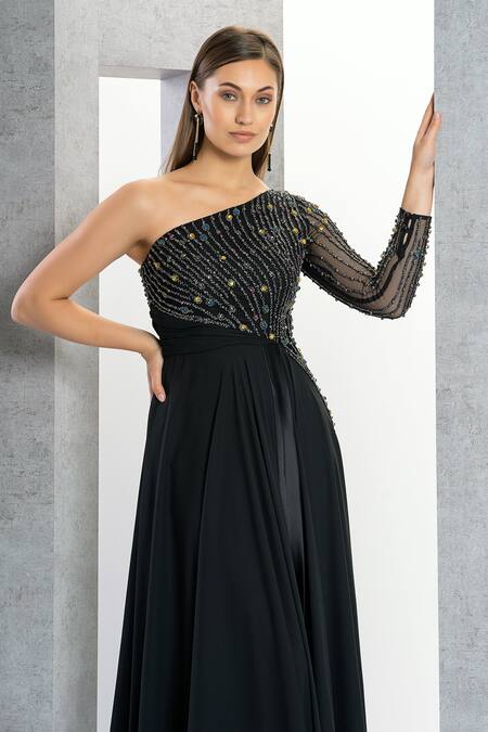 Eli Bitton_Black Net, Chiffon, Polyester Crystals One Shoulder Stripe Pattern Gown _at_Aza_Fashions