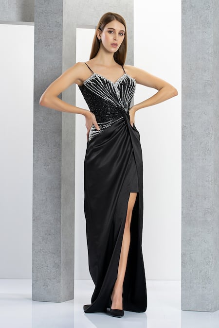 Eli Bitton_Black Net, Satin Crystals, Beads V-, Boat Embroidered Gown With Overlay _Online_at_Aza_Fashions